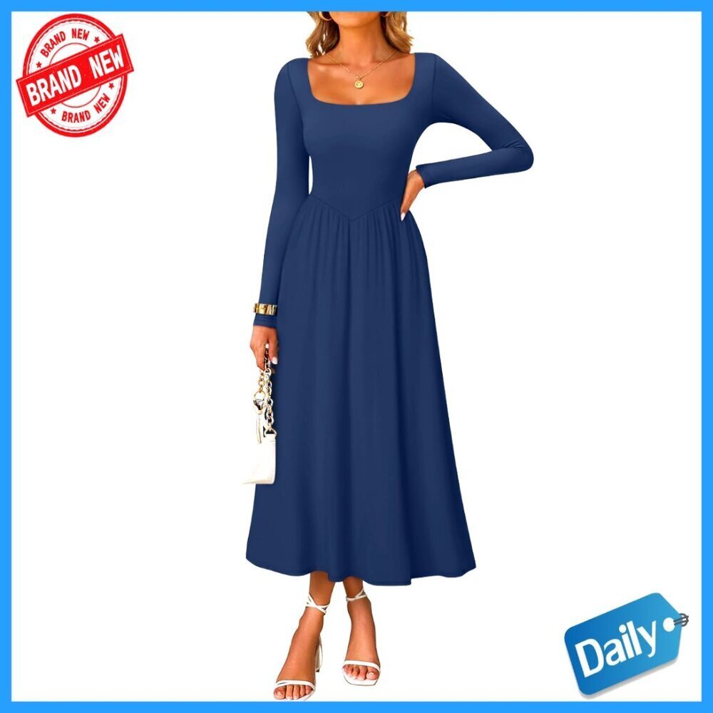 Elegant Square Neck Long Sleeve Midi Dress Flowy Wedding Guest Party Wear